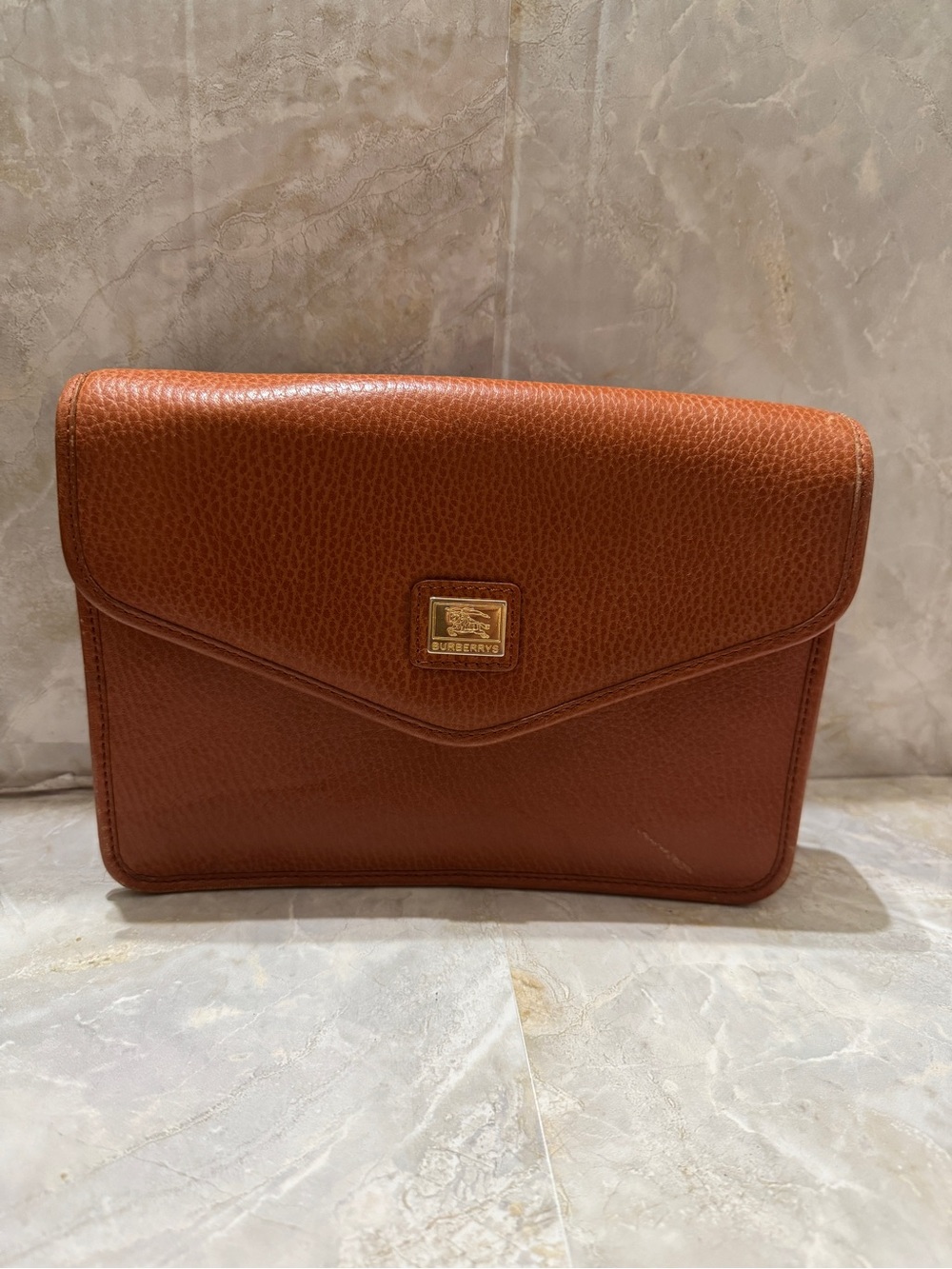 Burberry Brown Pebbled Leather Envelope Clutch with Gold Logo
